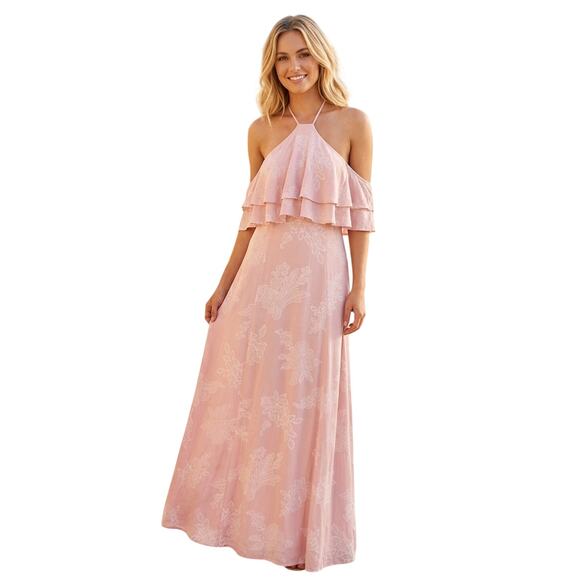 OneTheLand Dresses & Skirts - OneTheLand Maxi Dress Large Pink Cold Shoulder Halter Floral Feminine Romantic